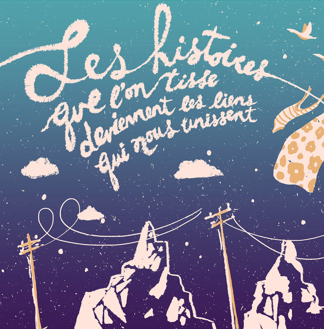 Sérigraphie par l'illustratrice québécoise Marie-Joëlle Fournier représentant des mains qui tricotent, exprimant les liens qui nous unissent