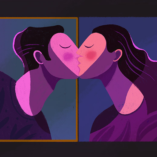 Editorial illustration by Quebecois illustrator Marie-Joëlle Fournier depicting a couple kissing during a virtual meeting on the Zoom application, with their illuminated faces forming a heart