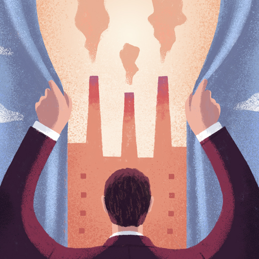 Editorial illustration by Quebec illustrator Marie-Joëlle Fournier featuring a character attempting to conceal the pollution generated by their company by closing a curtain that creates the illusion of a blue cloudy sky