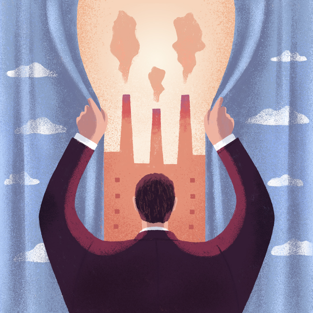 Illustration éditoriale par l'illustrarice Marie-Joëlle Fournier qui met en scène un personnage qui tente de cacher la pollution généré par son entreprise en refermant un rideau bleu qui donne l'illusion d'un ciel nuageux