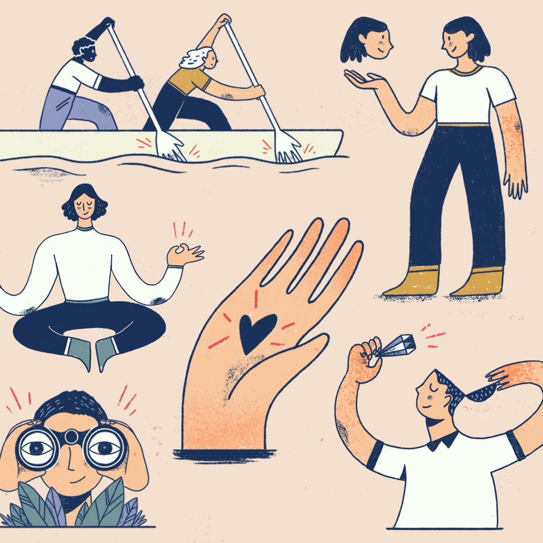 Illustration featuring multiple characters and hands representing leadership, creativity, and collaboration in the workplace by freelance illustrator Marie-Joëlle Fournier