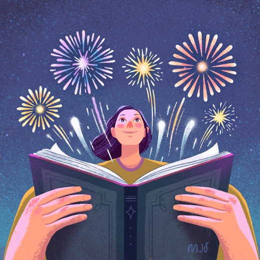 Illustration created by illustrator Marie-Joëlle Fournier for the Étincelle awards ceremony by the Government of Quebec, featuring a character holding an open book from which fireworks are bursting out