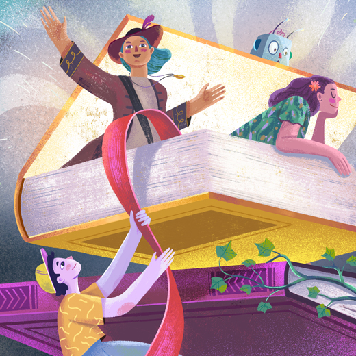 Educational poster for the Constellation website, promoting youth literature by Quebec illustrator Marie-Joëlle Fournier. Books come to life, featuring literary genres in a playful style.