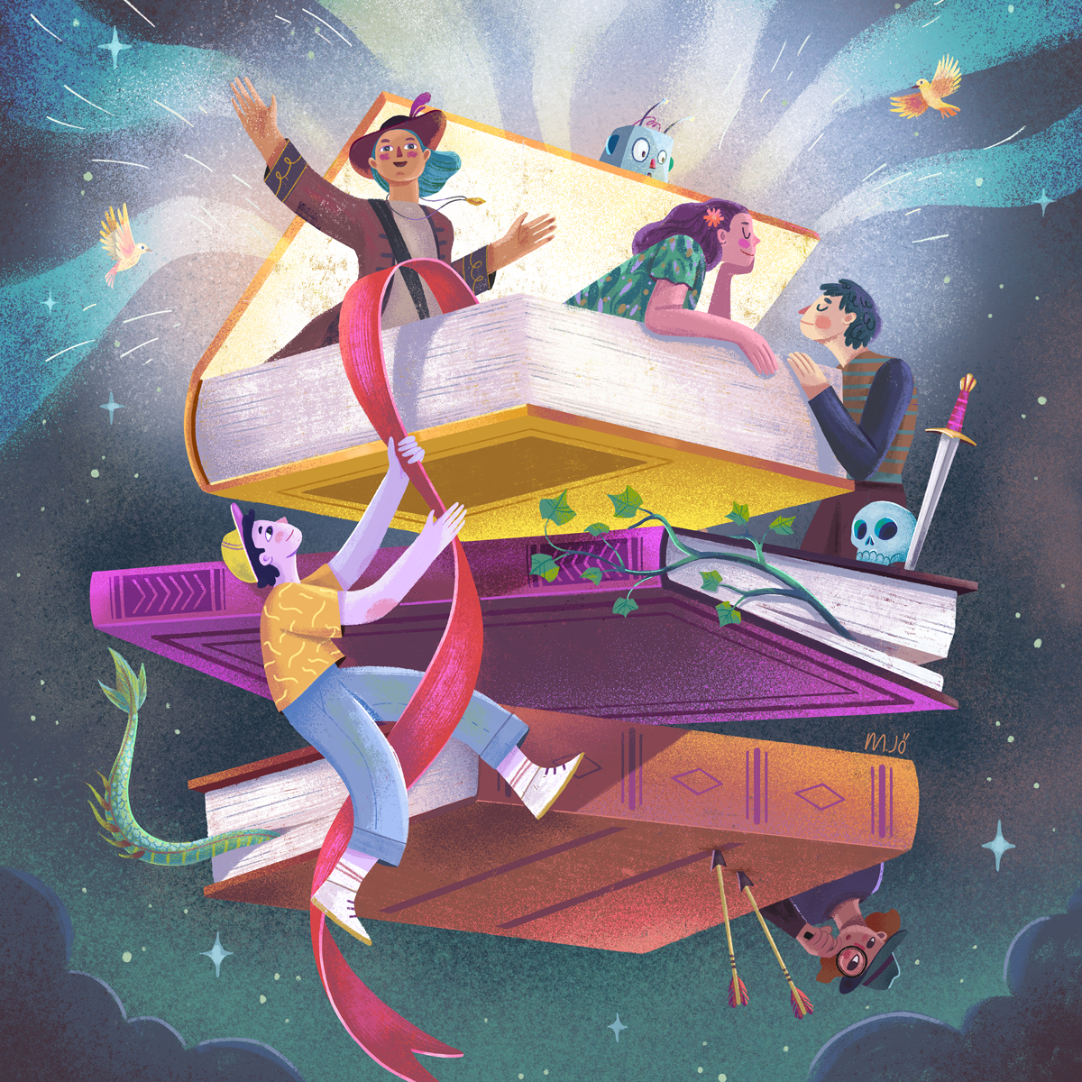Educational illustration of a school poster by illustrator Marie-Joelle Fournier. Books come to life, revealing characters and objects from various literary genres. A character attempts to board a book by clinging onto a bookmark