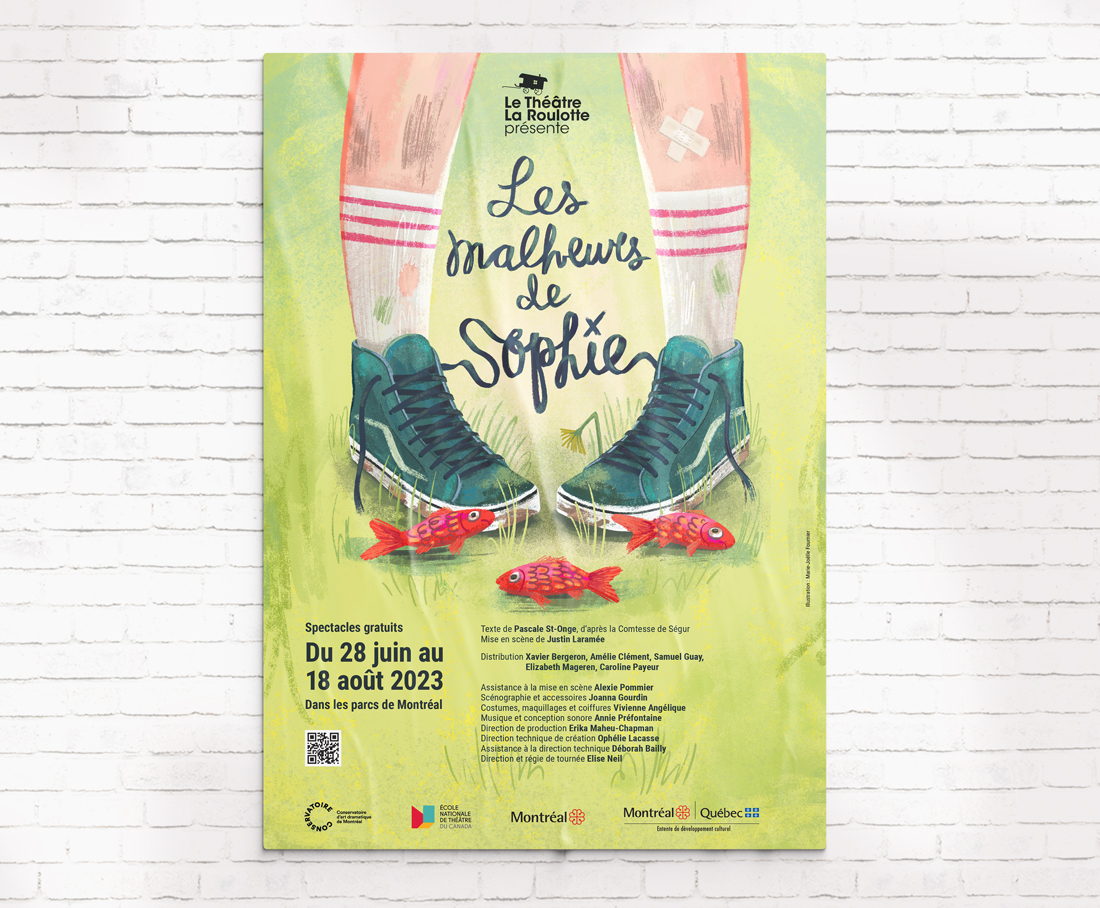 Theater poster by freelance illustrator Marie-Joëlle Fournier depicting a pair of shoes in a playful pose, with the shoelaces forming the title of the play Les malheurs de Sophie
